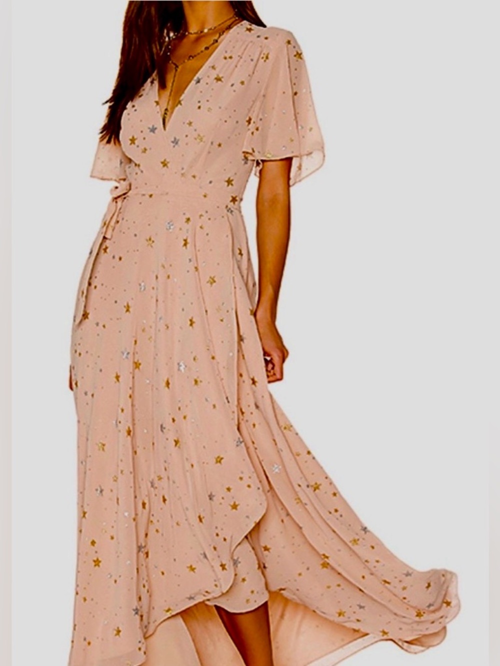 Privacy Please Blush-Cream with Gold and Silver Star-Print High-Low Wrap Dress